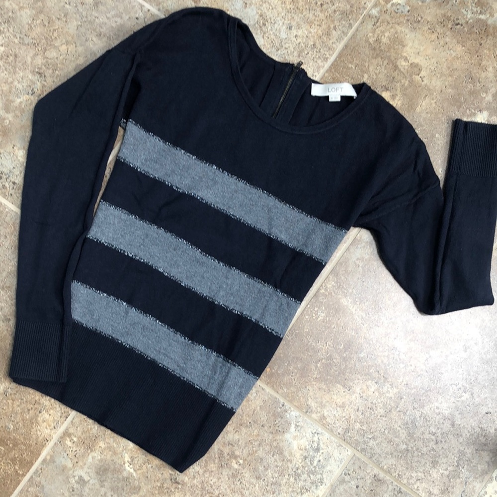 LOFT XS navy sweater w/ trio of silver edged gray bands- soft cotton/rayon blend